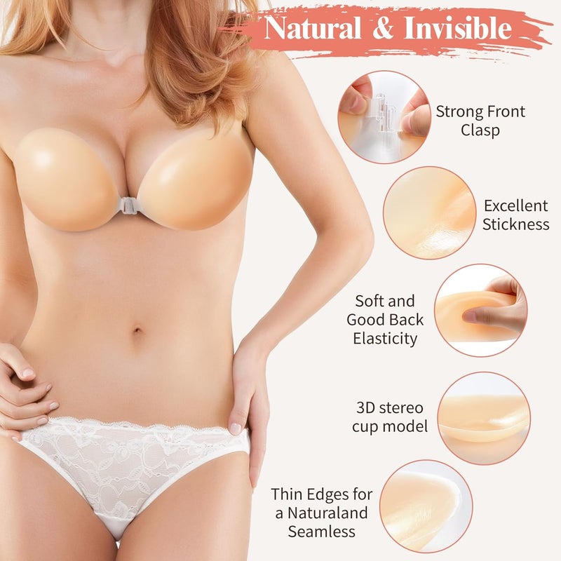 Premillow Adhesive Bra Strapless Sticky Bra Push Up 2 Pairs Invisible Silicone Bras with Pasties Nipple Covers for Women - Image 3
